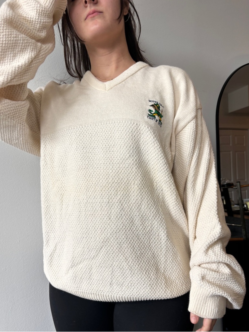 Cream V-Neck Textured Women's Sweater - Vintage